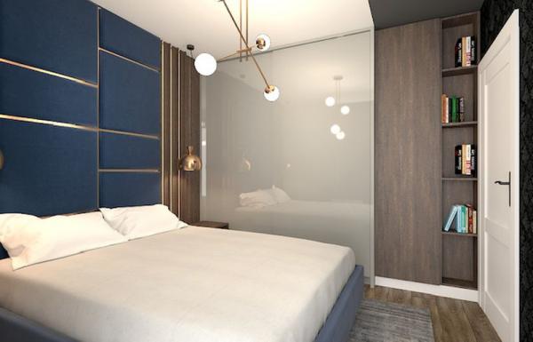 sypialnia, duże łóżko z zagłówkiem na ścianie
